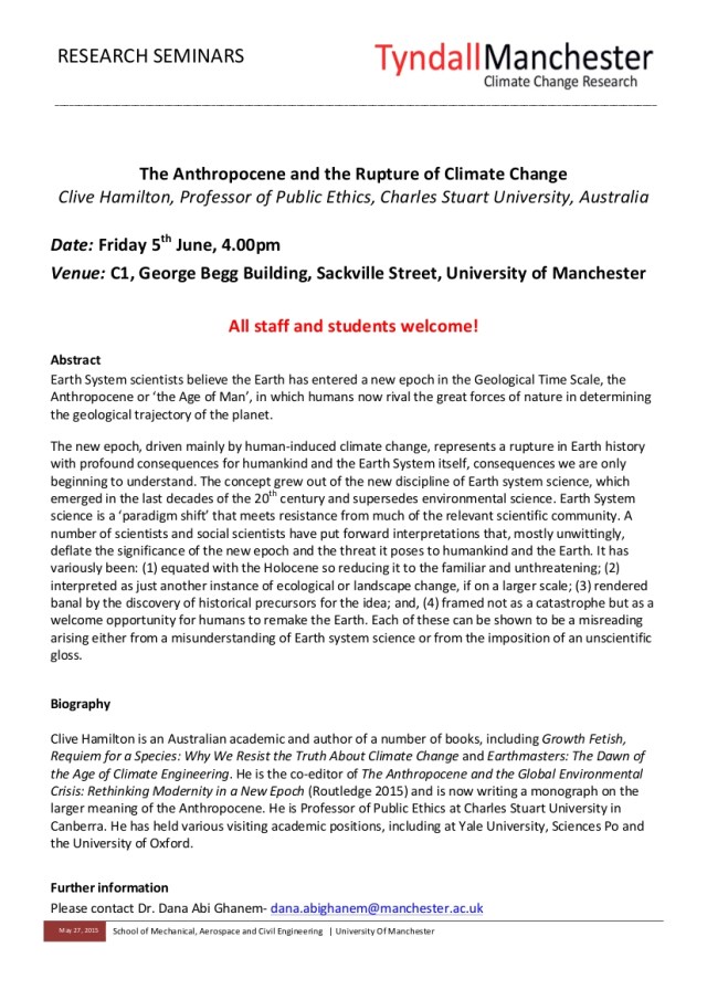 Clive Hamilton Tyndall Seminar